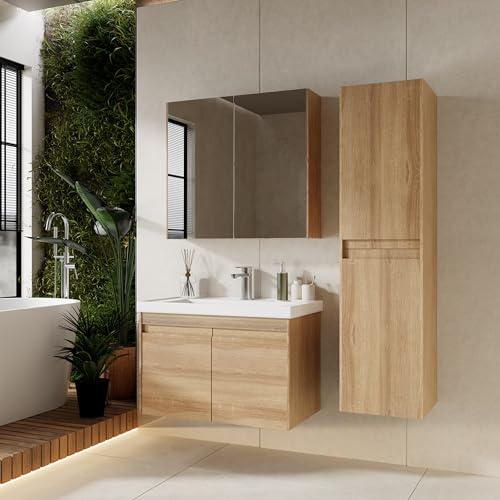 KAREN banyo Badmöbel Set 3 teilig City 80 cm | Waschbecken | Spiegelschrank | Unterschrank | Sonoma Eiche | Softclose-Türen & unsichtbare Griffe | Natürlicher Stil| Badezimmermöbel Waschtisch Holz