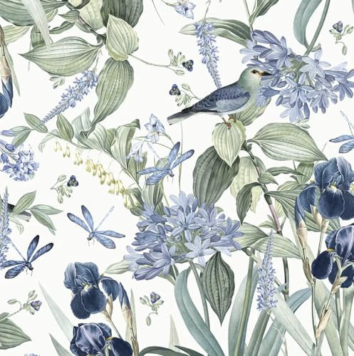 lenify Floral Wallpaper Peel and Stick Blue Flower Contact Paper 16.9inch x118.1inch Vintage Wall Paper Floral Bird Wallpaper for Cabinets Shelf Liner Removable Decor Waterproof White and Blue Vinyl