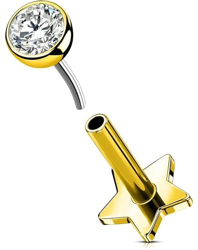 OUFER Body Piercing Gold Labret Stud Bar 16G Threadless Push in Lip Jewellery 5/6/8/10/12mm Helix Tragus Conch Cartilage Piercing Titanium Flat Back Earrings Women Men