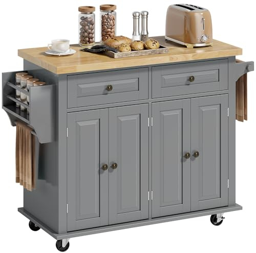 HOMCOM Isla de Cocina con Ruedas 2 Cajones 4 Puertas 111x44,5x82,5cm Gris
