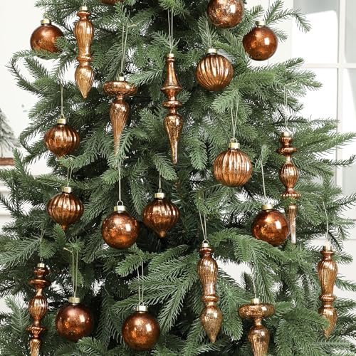 Soulchen 12 Pcs Mercury Glass Christmas Hanging Ornaments Vintage Glass Balls Finial with Different Shapes for Xmas Tree Decor Christmas Baubles for Holiday Winter Decoration(Brown)