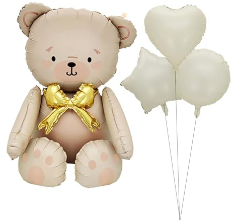 1 Björnens söta ballong aluminiumfilm och 3 krämfärgade ballonger, uppblåsbara dekorativa ballonger, lämpliga för babyfester, födelsedagsfirande och barnkammarens layout.