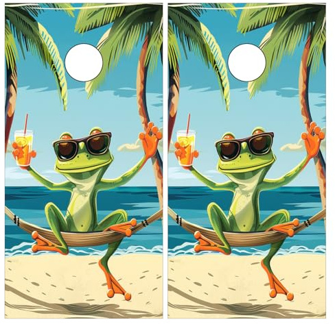 Corn Hole Wraps Vinyl Skins for Game Boards 2x4 & 2x3 Self Adhesive PET Stickers Lawn Toss Set Cover Graphics Corn Hole Board Decal Weatherproof Laminated Surface 2 Piece Beach Tree Frog