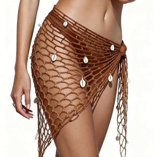 RUINIXCW Women's Y2k Crochet Cover up Beach Skirts Sexy Fishnet Solid Color Shells Swimsuit Mini Skirt Hollowed Out Swimwear (Khaki, One Size)