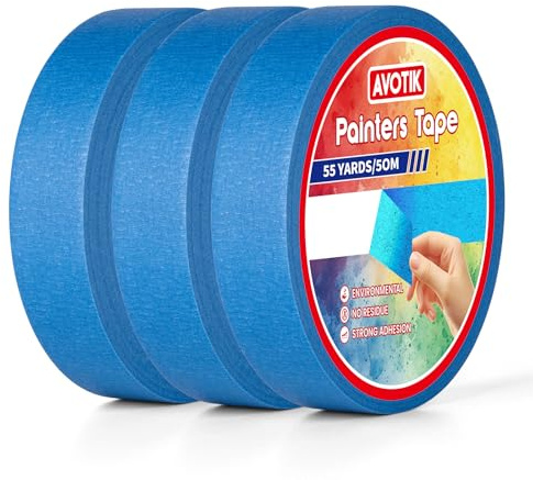 Avotik Blue Painters Tape 3 Rolls: Masking Tape 24mm Wide x 55 Yards - Painter's Tape Blue Masking Tape for Walls Painting Packing, Wood, Floors, DIY, Total 220 Yards (3 rolls-24mm x 50m)