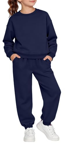 Conjunto de chándal clásico para niños y niñas, con cuello redondo, sudadera larga de invierno, 2 piezas, ropa deportiva, azul marino, 11-12 años