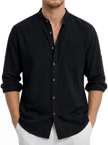Enlision Mens Cotton Linen Shirts Long Sleeve Grandad Collar Shirts Summer Lightweight Button Down with Pocket S-4XL