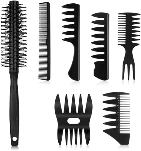 AYBUY Kamm Mäns Styling Set, 7-delar Bred tandad kam, stylingkam, lockkam, rundborste, frisörkam för lockar, texturkam för att föhna, släta, reda ut, stylea