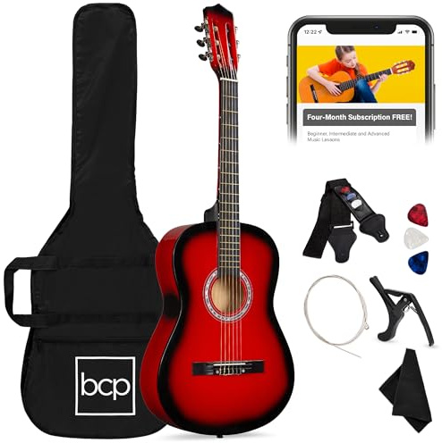 Best Choice Products 96,5 cm Anfänger-Set für Akustikgitarre aus Holz, mit Tasche, Gurt, digitalem Stimmgerät, Plektrum, Saiten – Red Burst
