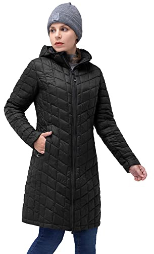 33,000ft Wintermantel Damen Steppmantel Leicht Parka Wasserdicht Winterjacke Langer Jacke Pufferjacke Warme Outdoorjacke Thermolite Steppjacke mit Kapuze Schwarz 42
