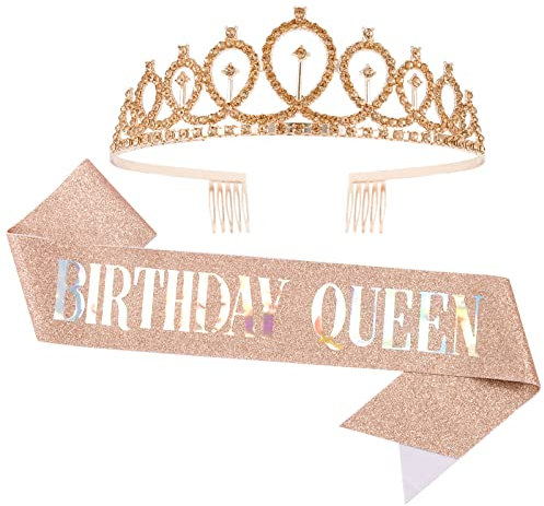CAVETEE Geburtstagskrone und Schärpe für Frauen Geburtstag Königin Schärpe & Strass Tiara Set Geburtstag Tiaras und Schärpen für Frauen Geburtstagsdekorationen Champagner Gold Geburtstag Königin