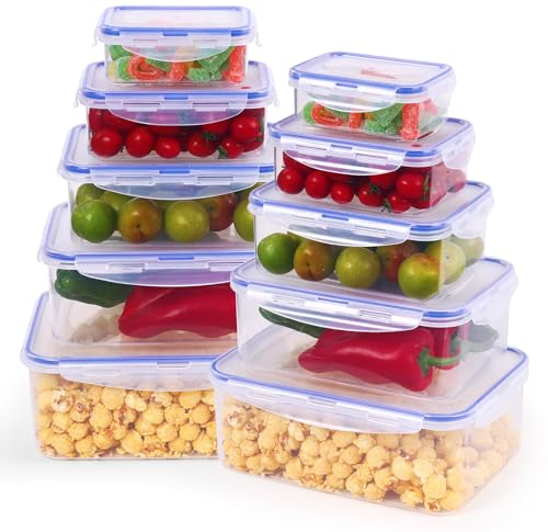 Rainberg Plastic Food Storage Containers - 20 Pieces (10 containers & 10 Lids) Food Containers, Air Tight Lids, Freezer, Microwave & Dishwasher Safe. (Transparent)