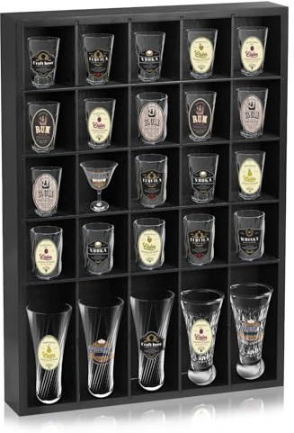 DARCKLE Schnapsglas-Vitrine für die Wand, Holzhalterungen, Set mit 30 Gläsern, Schnapsglashalter, 43,2 x 30,5 - 7,6 x 5,1 cm (Schwarz, 1 Stück)