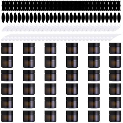 Yauhar 120Pcs 10g Amber Glass Jars Assortment Kit with Inner Liners and Black Lids, Spoons and blank labels for Storing Lip and Body Scrub, Lotion, Body Butter, Bath Salts