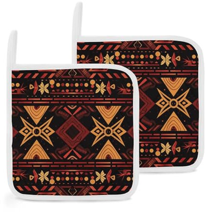 Lot de 2 maniques avec poche résistantes à la chaleur pour comptoirs, fours, maniques marron et rouge, motif tribal lavable pour cuisine, pâtisserie, 20,3 x 20,3 cm