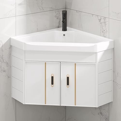 Eckwaschbecken-Kombination für Badezimmer, wandmontierter Badezimmerwaschtisch, Eckwaschbecken aus Keramik, mit Wasserhahn und Abfluss, für kleine Räume, wandmontiertes Schrankset-Design (Grau,