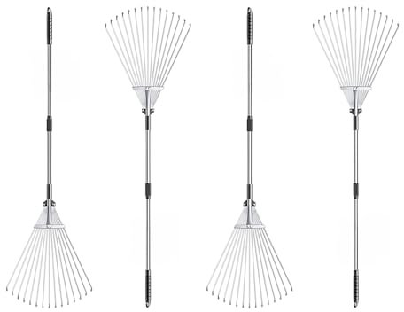 Rateau A Feuille Lot de 4 râteaux pour pelouses robustes 9/15 dents en métal, râteau à ordures avec poignée réglable/tête en plastique, outils de râteau à feuilles portables pour l'entretien de la pel