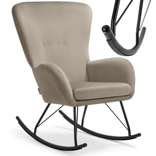 tectake® Sedia a Dondolo, Morbidissimo Velluto, Cuscino Removibile, Lavabile, Poltrona a Dondolo, Schienale e Braccioli Generosi, Telaio Robusto in Acciaio, Pattini Massicci, Antigraffio - Nero/Beige