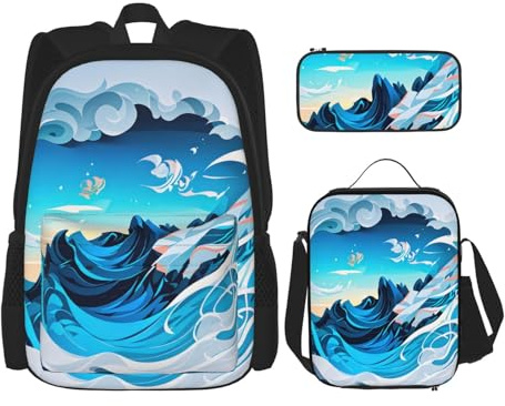 OXKGHHO Juego de mochila de trabajo con estampado de olas oceánicas con lonchera aislada, correas ajustables, para gimnasio y uso diario, Negro -, Talla única