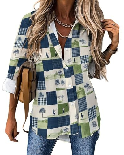 Golf Plaid Checked Long Sleeve Shirts for Women Button Down Blouses Casual Tunics Tops Loose Fit