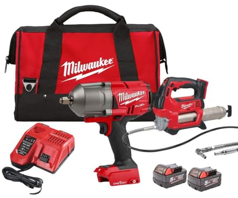Milwaukee M18 FPP2AI-502B 18V Impact Wrench/Grease Gun Twin Pack with 2 x 5.0Ah Batteries, Charger in Bag