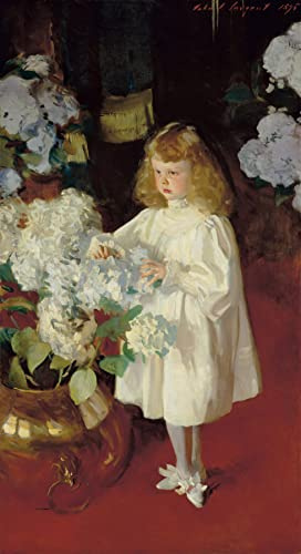 Helen Sears Little Girl Portrait with Vase of White Hydrangeas Flowers 1895 Painting By John Singer Sargent 9 x 16 image size art repro on matte paper