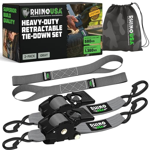 Rhino USA Retractable Ratchet Straps (2-Pack) - 5cm x 3m (1,360kg Break Strength) - Heavy Duty Auto Self-Retracting Tie Down Straps for Truck, Cargo Trailer, Motorcycle, Bike & More - Grey