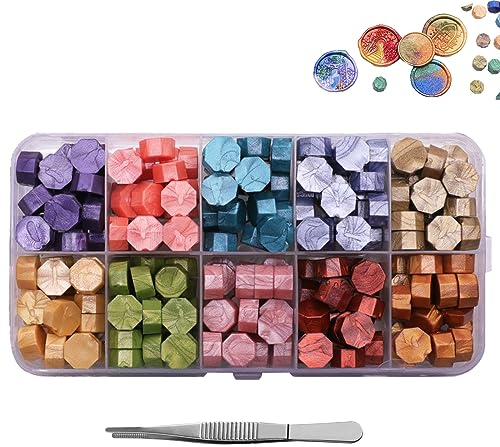 GNAUMORE Siegellack Perlen 200 Stück,Siegelwachs Perlen Set,Siegelstempel Achteckig,Wachssiegel Stempel Set,10 Farben Achteckige Siegelwachsperlen,Siegelwachsperlen für Vintage-Wachsiegelstempel,100G