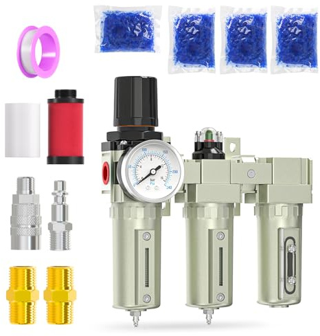 MEANLIN MEASURE 1/2 BSP Grado industrial resistente Sistema de secado de aire de 3 etapas, secador desecante y regulador de aire, drenaje manual, para cortadora de plasma y pulverizador de pintura
