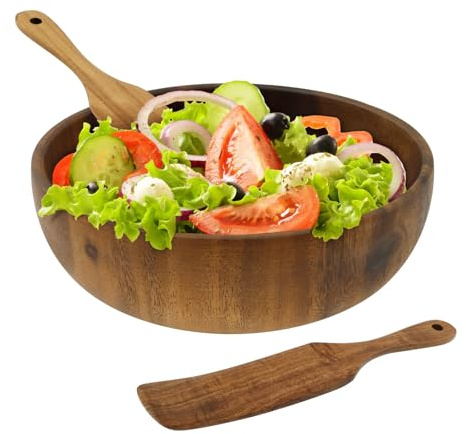 LuLobtg Salad Bowl with Servers Set, 21.5x21.5x6.5cm Wooden Salad Mixing Bowls with Spatula and Fork, Wood Classic Serving Bowl for BBQ, Picnic, Camping, Fruits, Vegetables and Salads