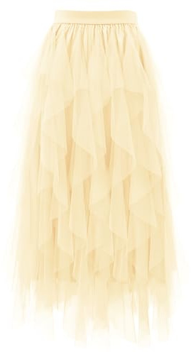 THHGPO Tulle Skirts for Women A Line Fairy Tiered Skirt Midi Length High Elastic Waist Long Skirt Beige S