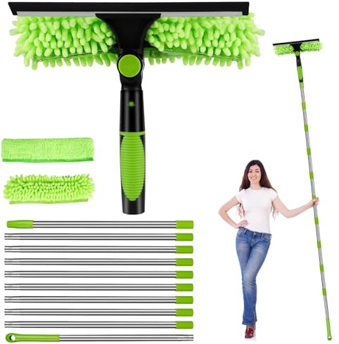 Extendable Window Cleaning Pole 4m Telescopic Window Cleaner 2 in 1 Squeegee Microfibre 3 Cloths 180° Swivel Long Reach High Windows Indoor Outdoor Car Glass Walls Shopfront Conservatory Office