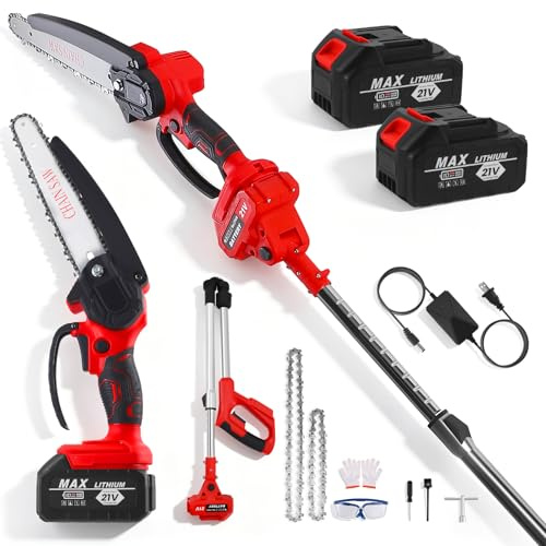 2-in-1 Teleskop Hochentaster Akku, 8 Zoll Elektrischer Hochentaster, Elektrisch 21V Teleskop Astsäge Astschere mit 2 x 3000mAh Wiederaufladbare Batterien, Motorsäge für Gartenscheren Holzschneidenz