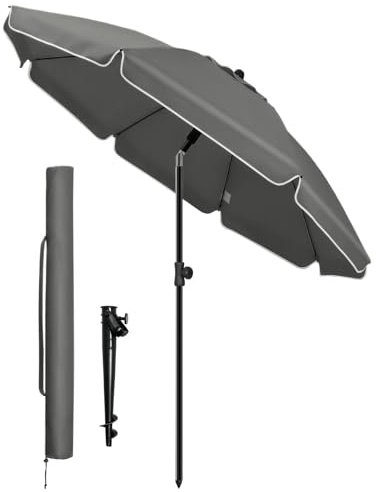 VOUNOT® Sombrilla Playa Grande Ø200cm y Soporte Arena, Mástil Inclinable Altura Regulable Protección UV 50+ Parasol con Techo de Ventilación Bolsa de Transporte para Playa Terraza Balcón Camping Gris