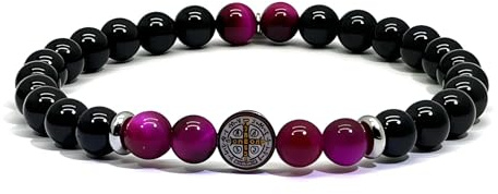 PATRICIA TRENDY® - Pulsera TURMALINA NEGRA con MEDALLA CRUZ DE SAN BENITO y ojo de tigre - Pulseras con motivo en plata de ley para mujer y hombre con bolas de 6mm - Amuleto contra mal de ojo (Rosa)