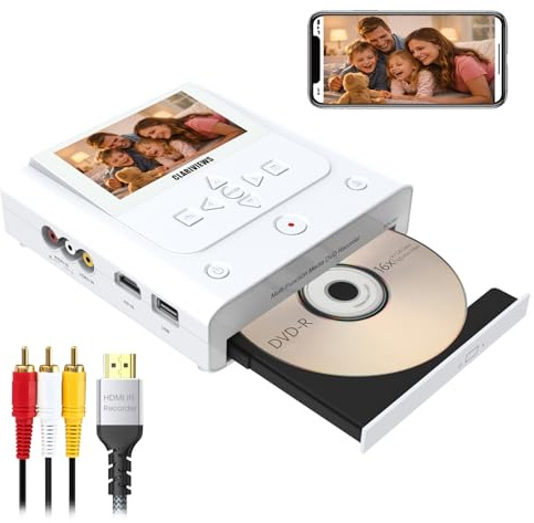 VHS to DVD Recorder, DVD Recorder with HDMI & AV Input, Convert VHS, VCR, Hi8 and Camcorder to DVD, USB, SD or HDD, No PC Needed, 4.3 LCD Preview, Phone Video/Photo to DVD/USB/SD/HDD App Copy
