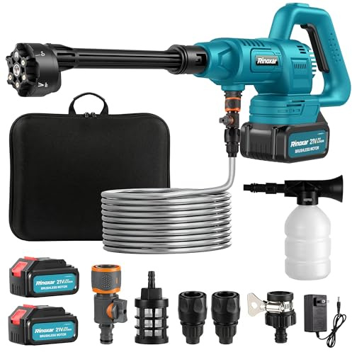 Hidrolimpiadora Batería, Pistola de Agua a Presión con 2X4400 mAh Baterías, Configurado Boquilla 6 en 1 y Tubo de 5M, Motor sin Escobillas, Hidrolimpiadora Portatil para Limpiar Coche, Terraza