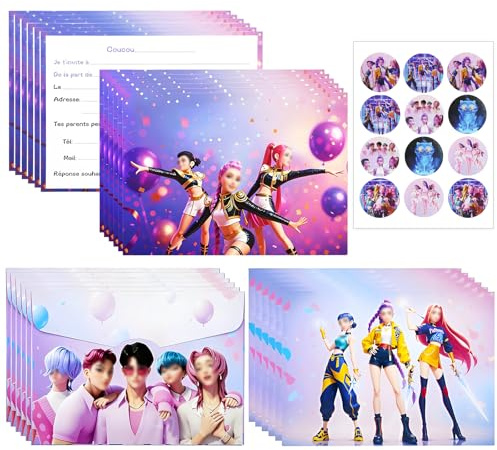Kit di 12 biglietti d'invito per compleanno K-pop con 12 buste e 12 adesivi, biglietto di invito compleanno per bambini, ragazze, ragazzi, adulti, tema neon Kpop
