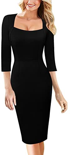 VFSHOW Womens Vintage Square Neck Work Office Business Dress Elegant Casual Cocktail Party Church Bodycon Pencil Sheath Dress (Black, X-Large) 3560 BLK XL