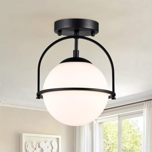 Alighting Black Ceiling Light with 18cm Frosted Glass Shade | Semi Flush Mount Globe Ceiling Lights for Hallway, Bathroom, Kitchen,E14 (Bulb Not Included)