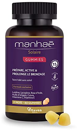 Vitavea - Manhaé - Gummies Solaire - Autobronzant - Complément alimentaire bronzage - Prépare, active et prolonge le bronzage - Teint hâlé sans soleil - Onagre, Lutéine, Lycopène - 60 gummies - 2 mois