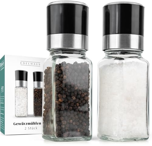 EDELHAUS Gewürzgläser Eckig mit Pfeffermühle & Salzstreuer (2x 120ml) – Salz- und Pfeffermühle Set, Salz- und Pfefferstreuer, Gewürzstreuer & Gewürzbehälter