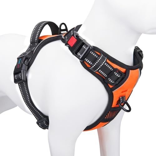 PHOEPET No Pull Arnés para Perros Ajustable Chaleco para Perros para Paseo Diario con Hebilla en el Cuello y Tiras Reflectantes, Mango de Control para Perros Medianos y Grandes (Naranja, XL)