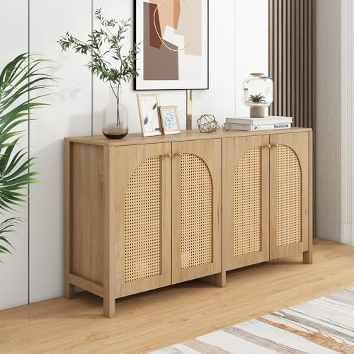 BTM Buffet Rotin, Buffet Cuisine, Style Minimaliste, Meuble de Rangement avec 4 Portes, Poignée en Métal, pour Salon, Salle à Manger et Cusine, 145x40x80cm, Bois Naturel