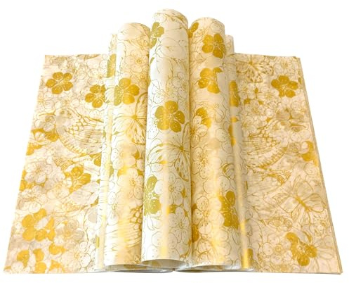 150pcs Gold and White Floral and Birds Patterned Wax Paper Sheets Sandwich Wrapping Paper, Greaseproof Wrap Parchment Air Fryer Disposable Paper Liner Food Basket Liners for Outdoor Picnic
