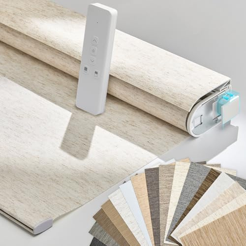 Persilux Smart Motorized Blinds with Remote, No Drill Automatic Roller Shades for Indoor Windows, Light Filtering Linen Fabric, Electric Blinds for Windows, Linen Cream C156-1, Custom Size
