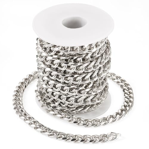 Cheriswelry Catene barbazzale in alluminio intrecciato color platino, 5 m, con bobina in metallo, connettori a croce per fai da te, collane, gioielli, borse, artigianato, 9 mm