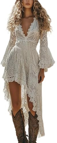 Vestido largo con cuello en V bordado floral alto y bajo, color verde lima, blanco, XS