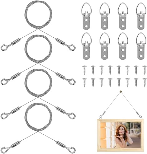 4PCS Adjustable Picture Hanging Wire Kit, 2m × Φ1.5 Picture Hanging Wires, Mirror Hanging Kit Heavy Duty, Picture Hanging Wire, Picture Hanging Wire Kit for Hanging Pictures, Mirrors, Light Lamp, Artw