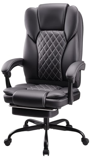 T-THREE.Large high-back ergonomic office swivel chair, executive tilt-function seat with high-density foam, PU leather gaming design,with footrest (black).